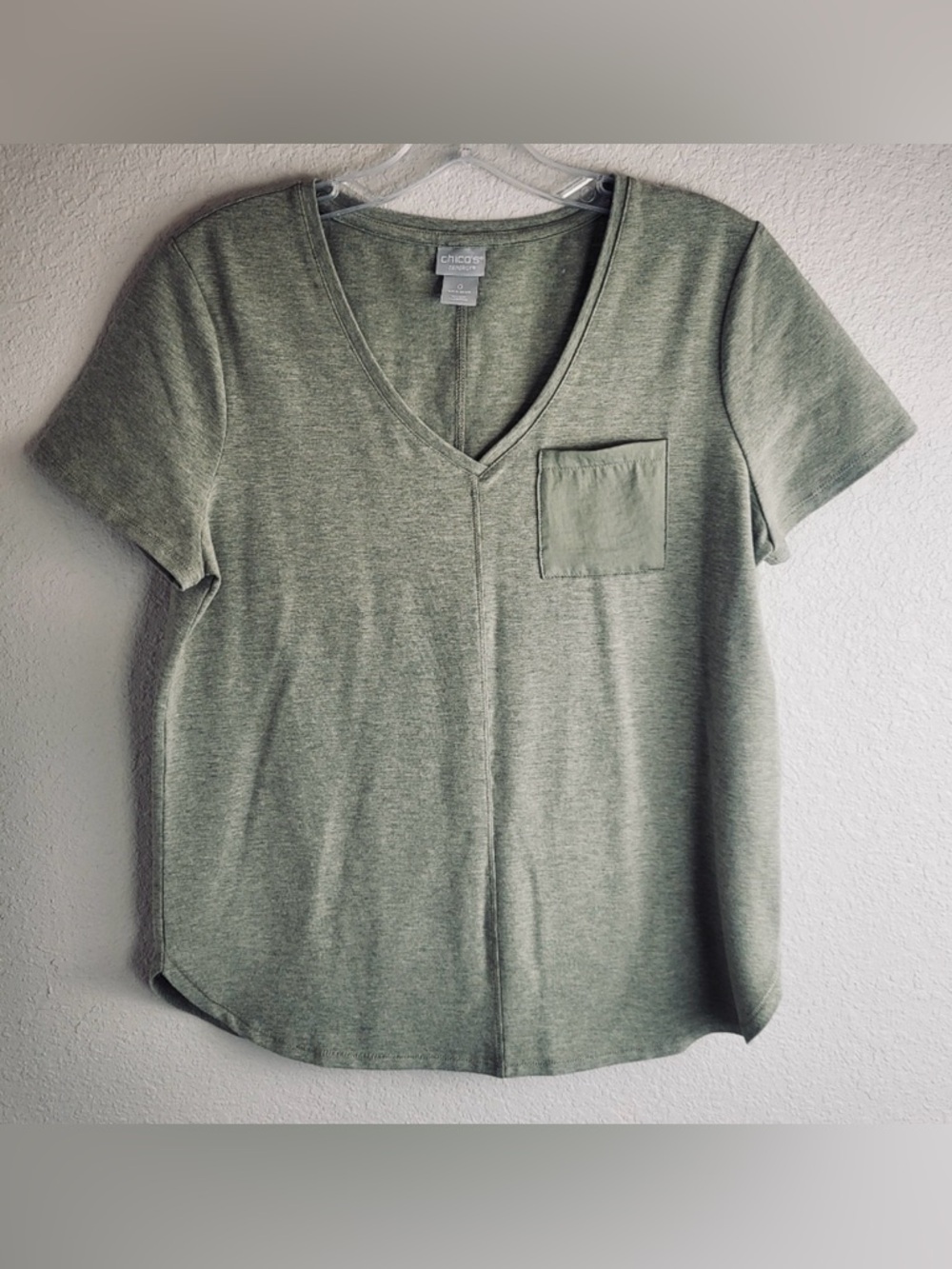 Chicos-Zenergy V-Neck Everyday V-Neck satin Pocket Tee - Olive Green-Size 2